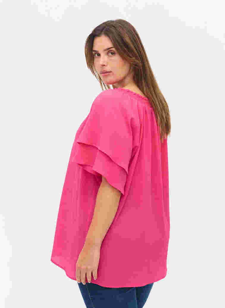 Short-sleeved v-neck blouse, Fuchsia Purple, Model image number 1