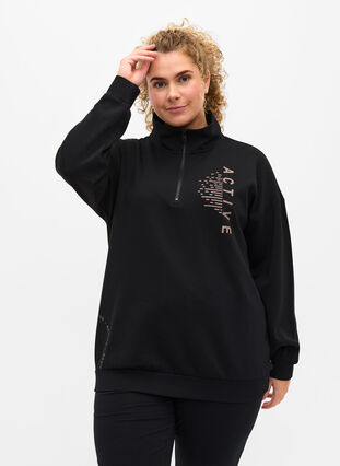High-neck sweatshirt with zip, Black, Model image number 0