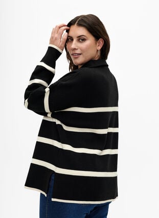 Pullover with stripes and high collar	, Black w. Birch, Model image number 1