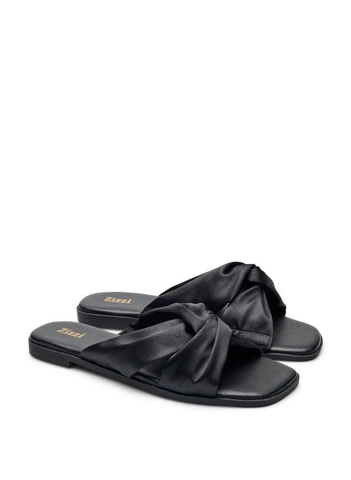 Flat sandals with crossed satin straps, Black, Packshot image number 2