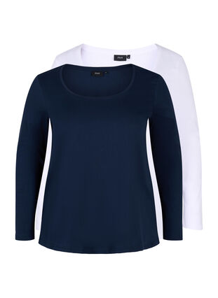 Basic cotton blouse 2-pack, Navy B/B White, Packshot image number 0