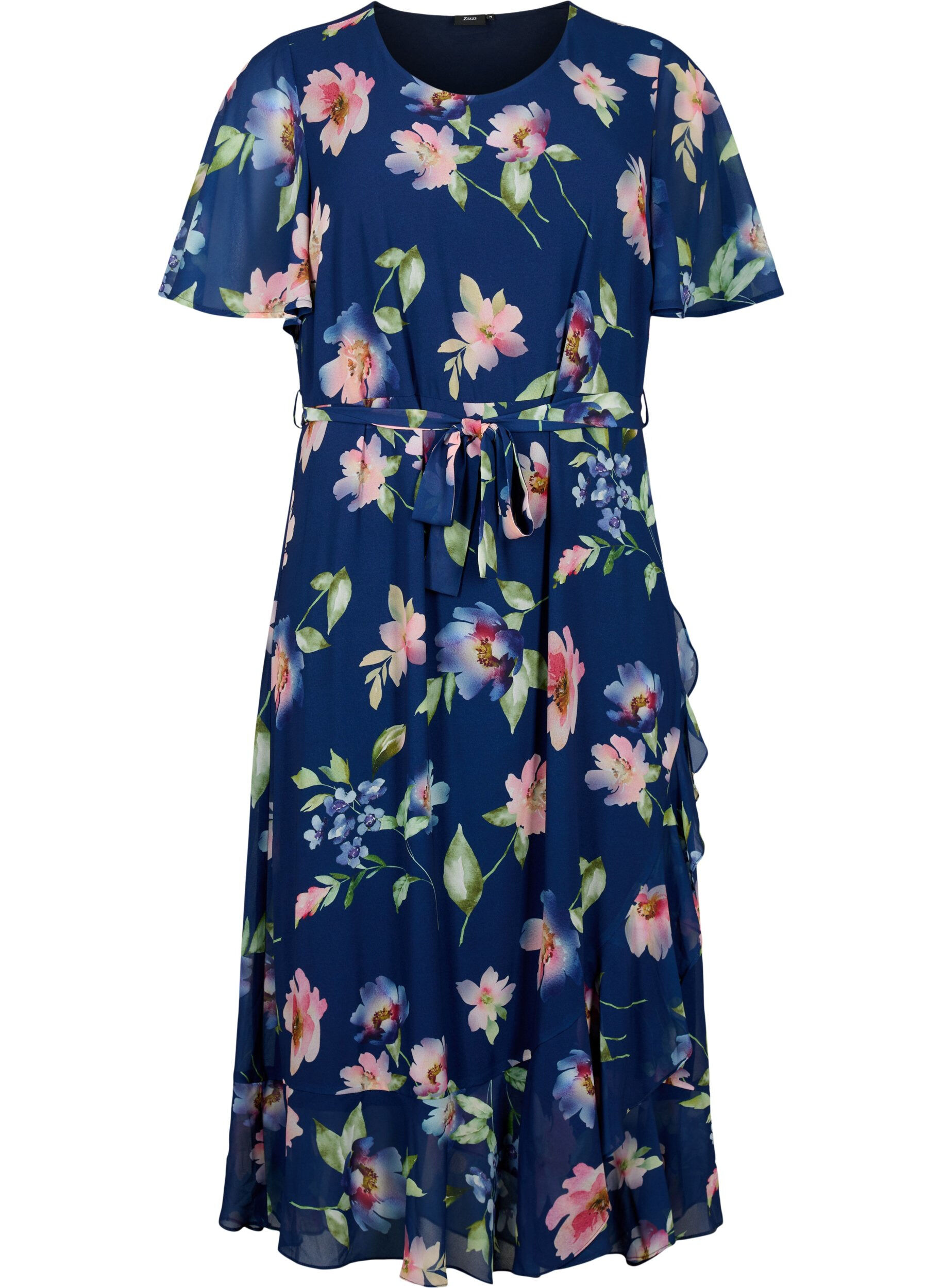 Zizzifashion Short sleeve midi dress with floral print, Blueprint Flower AOP, Packshot image number 0