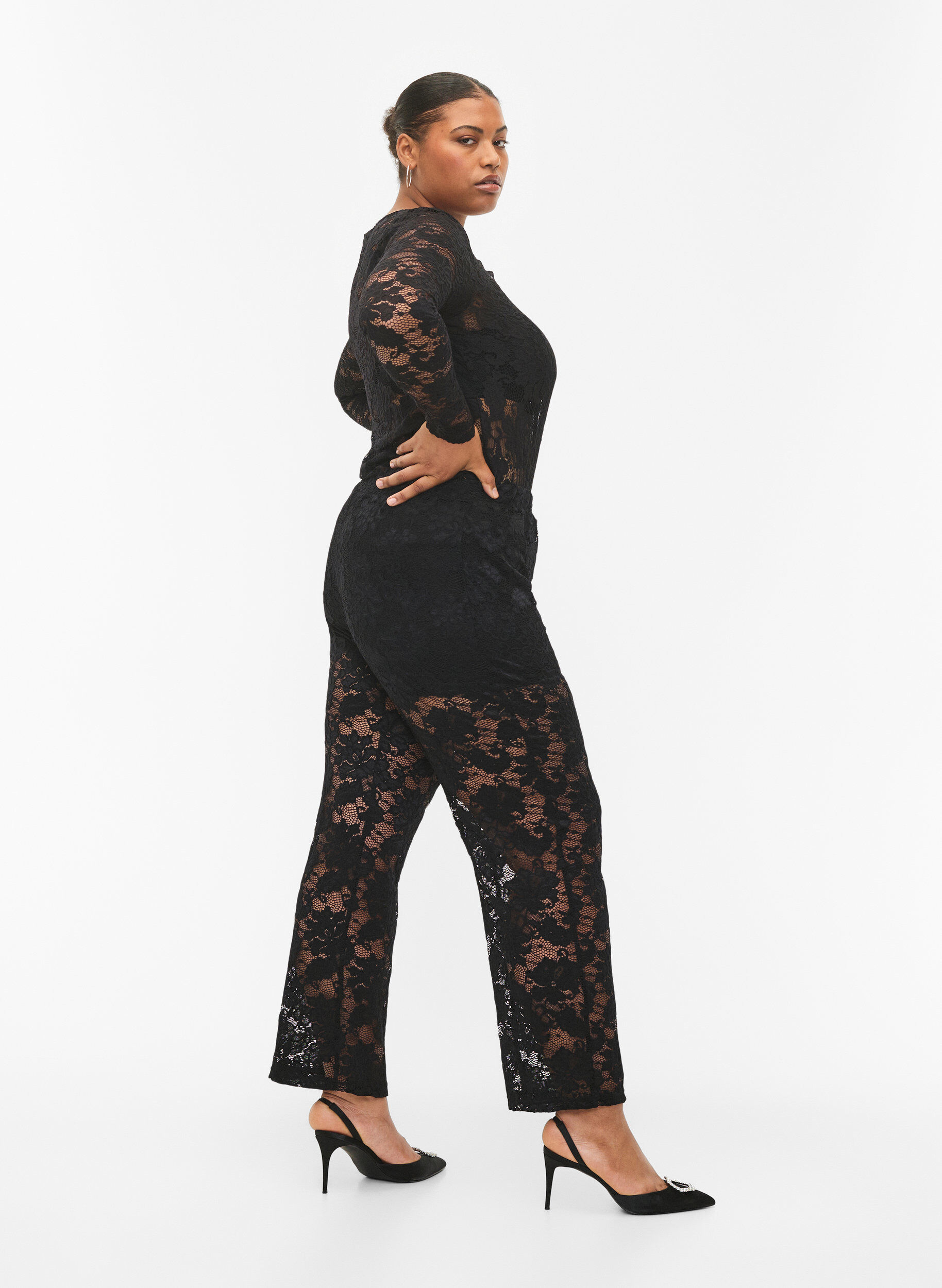 Zizzifashion Laced pants with straight fit, Black, Model image number 1