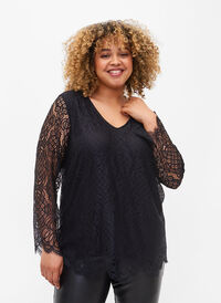 Long-sleeved lace blouse with v-neck, Black, Model