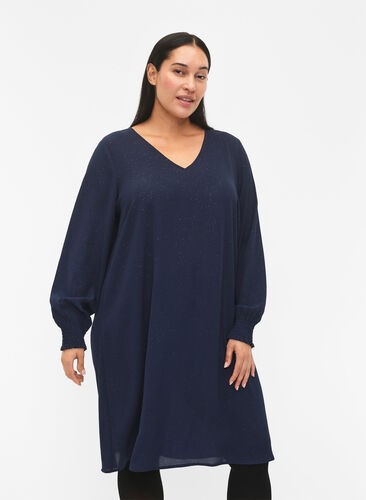 FLASH - Long sleeve dress with glitter, Navy w. Gold , Model image number 0