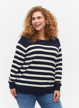 Striped viscose blouse, Navy Blazer Comb, Model image number 0
