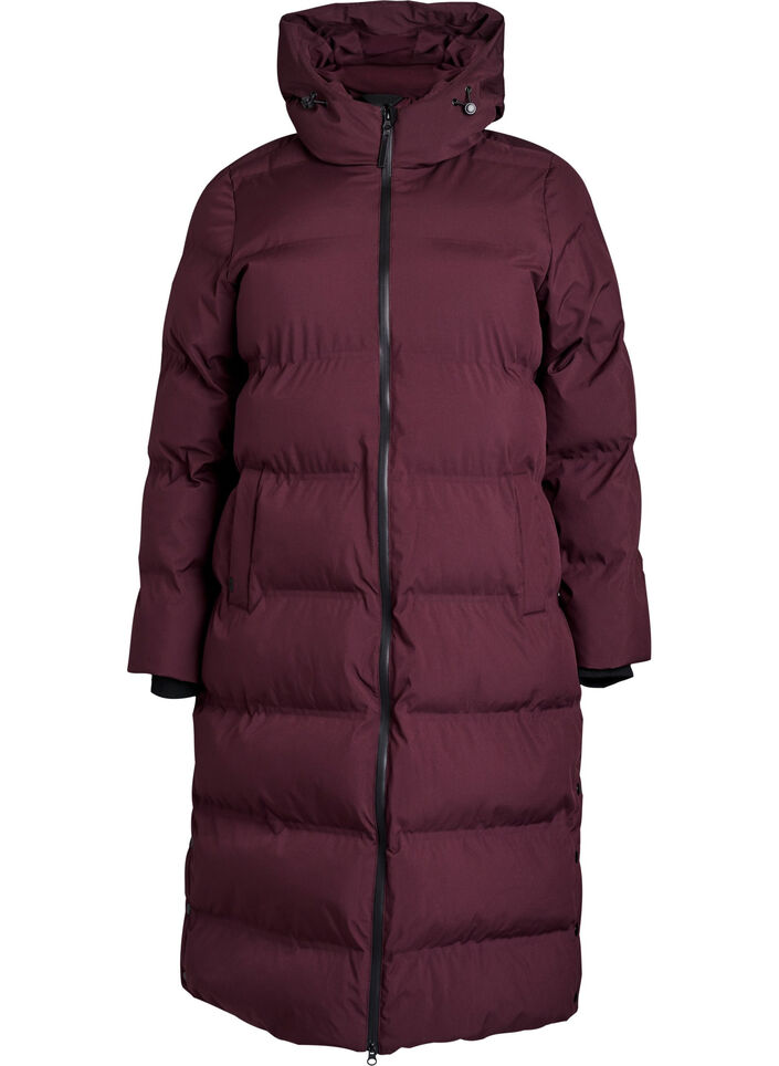 Long puffer winter coat with hood, Dark Bordeaux, Packshot image number 0