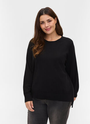 Knitted ribbed sweater with slit, Black, Model image number 0