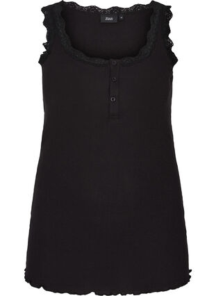 Ribbed tank top with lace and buttons, Black, Packshot image number 0
