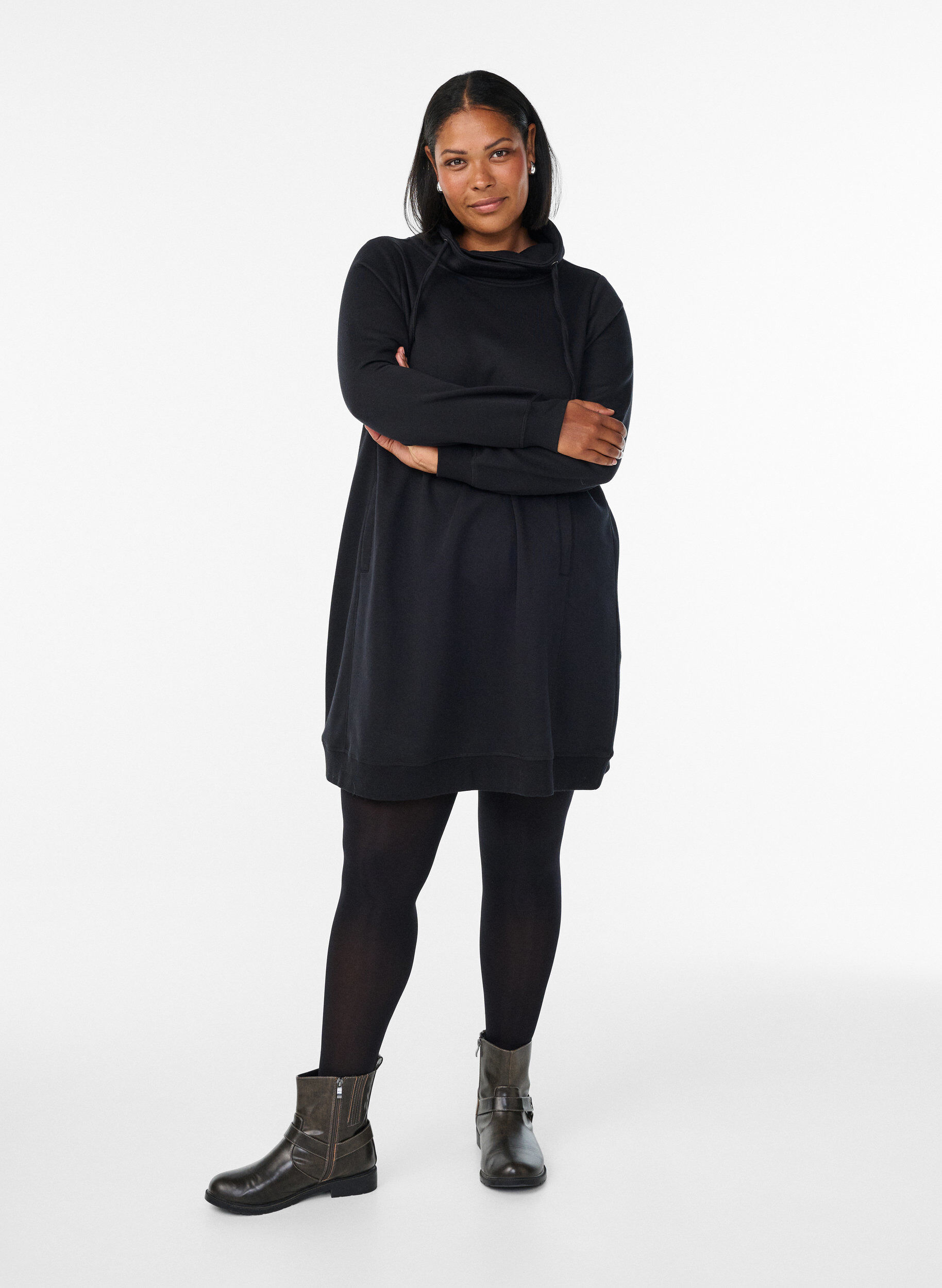Zizzifashion Short sweatshirt dress with high collar and pockets, Black, Model image number 1