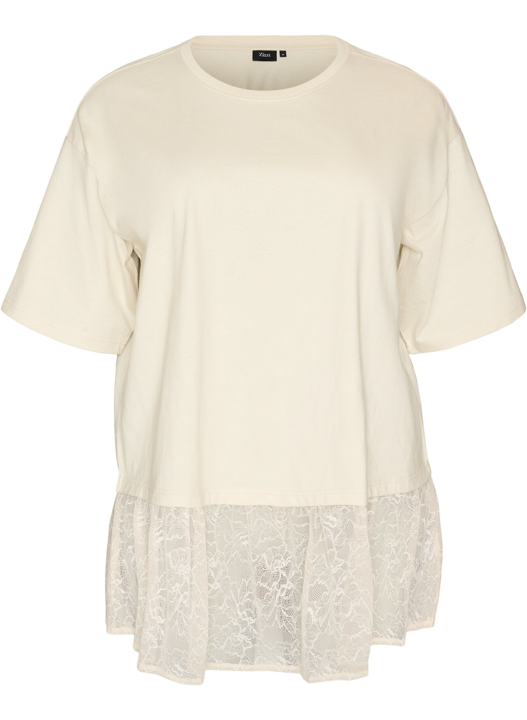 ZizzifashionLoose T-shirt with wide lace trim, Beige, Packshot image number 0