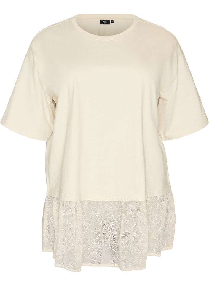 Loose T-shirt with wide lace trim, Beige, Packshot image number 0
