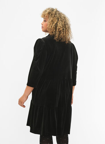 Velour dress with ruffle collar and 3/4 sleeves, Black, Model image number 1