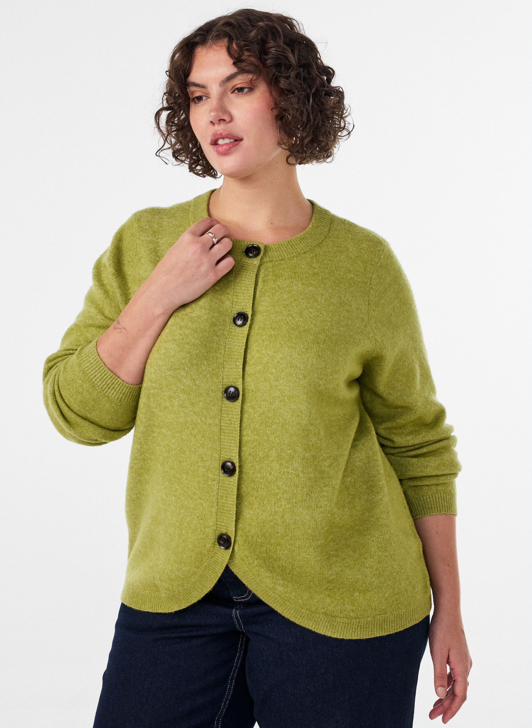 ZizzifashionCardigan with buttons and a rounded front, Green, Model image number 0