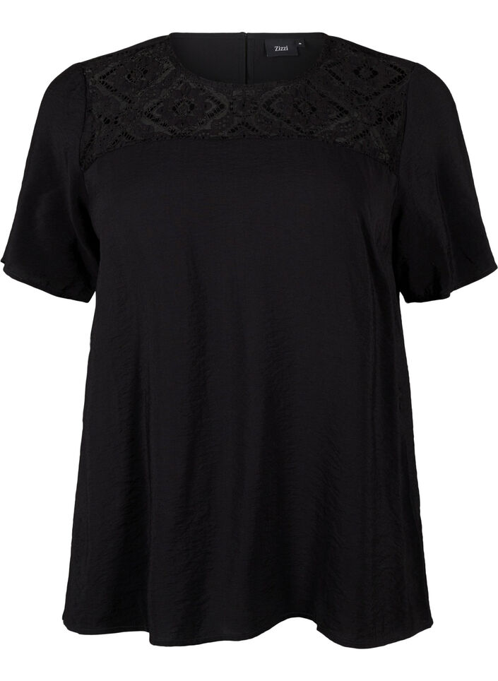 Short-sleeved viscose blouse with lace detail, Black, Packshot image number 0