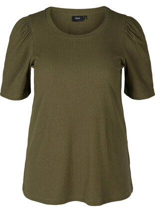 Rib t-shirt with short puff sleeves, Ivy Green, Packshot image number 0