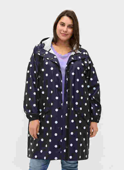 Patterned rain jacket with a hood