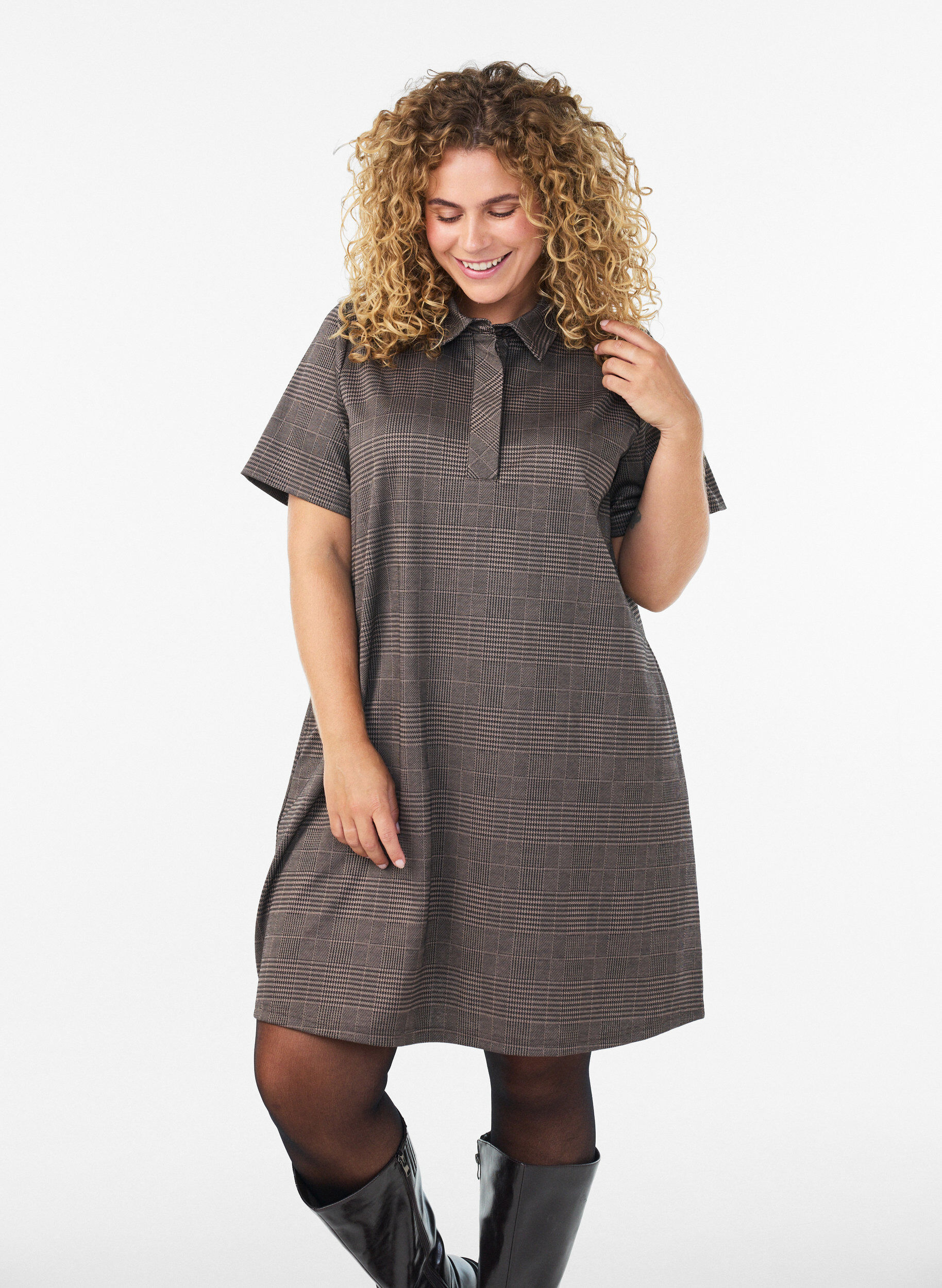 ZizzifashionShort checked dress with a shirt collar, Brown, Model image number 0