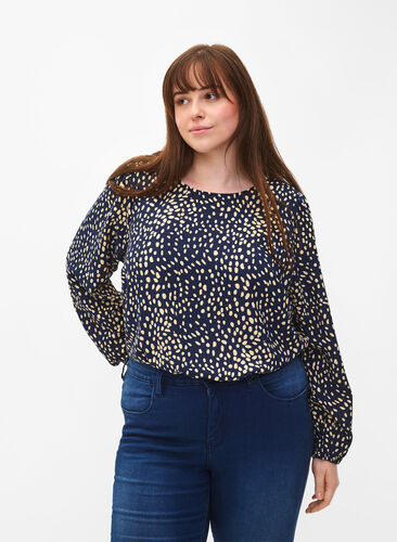 Blouse with puff sleeves, Navy B./Beige Dot, Model image number 0