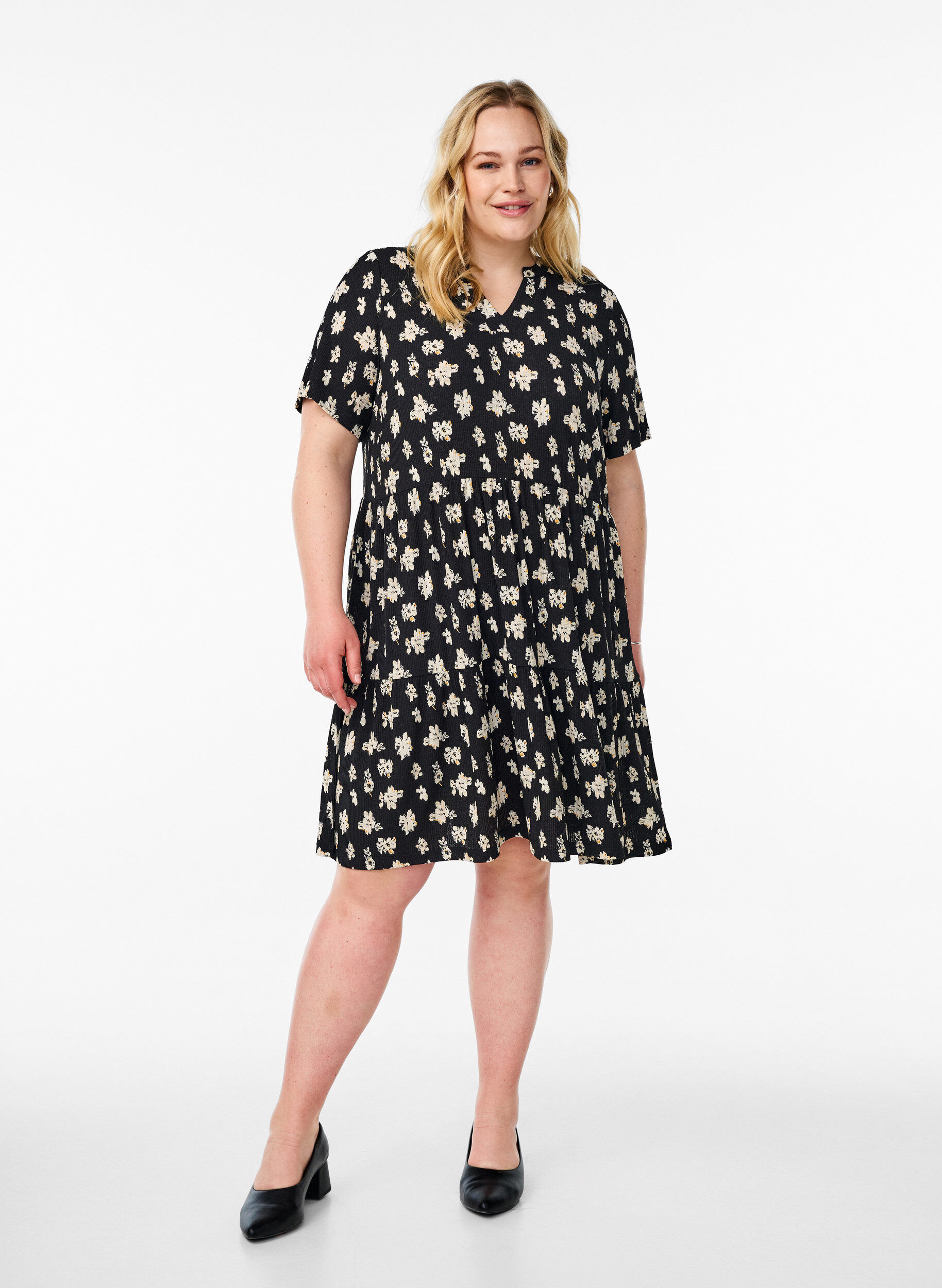 ZizzifashionPatterned dress with panels, Black, Model image number 1