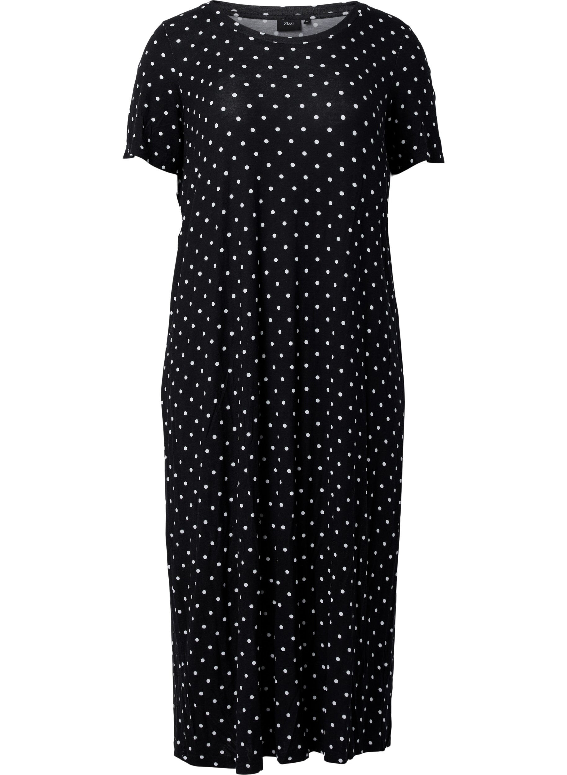 Zizzifashion Viscose midi dress with short sleeves, Black Dot, Packshot image number 0