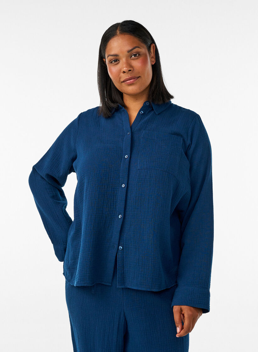 Cotton muslin nightshirt with long sleeves, Blue, Model image number 0