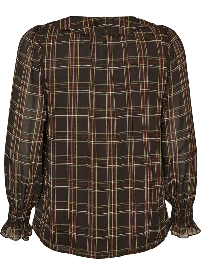 Blouse with check and ruffle details, Green, Packshot image number 1