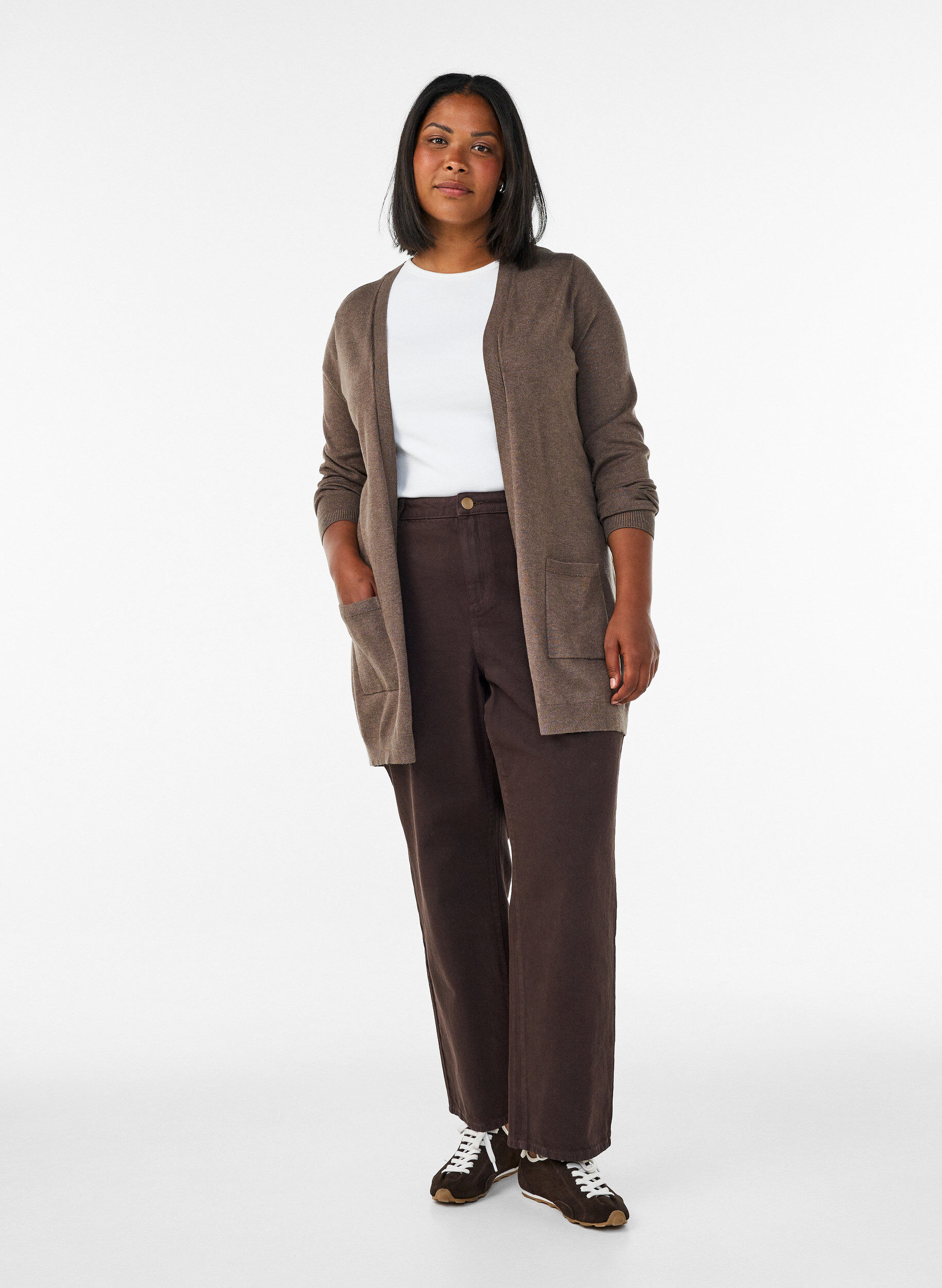 ZizzifashionLong knitted cardigan in a viscose blend, Brown, Model image number 1