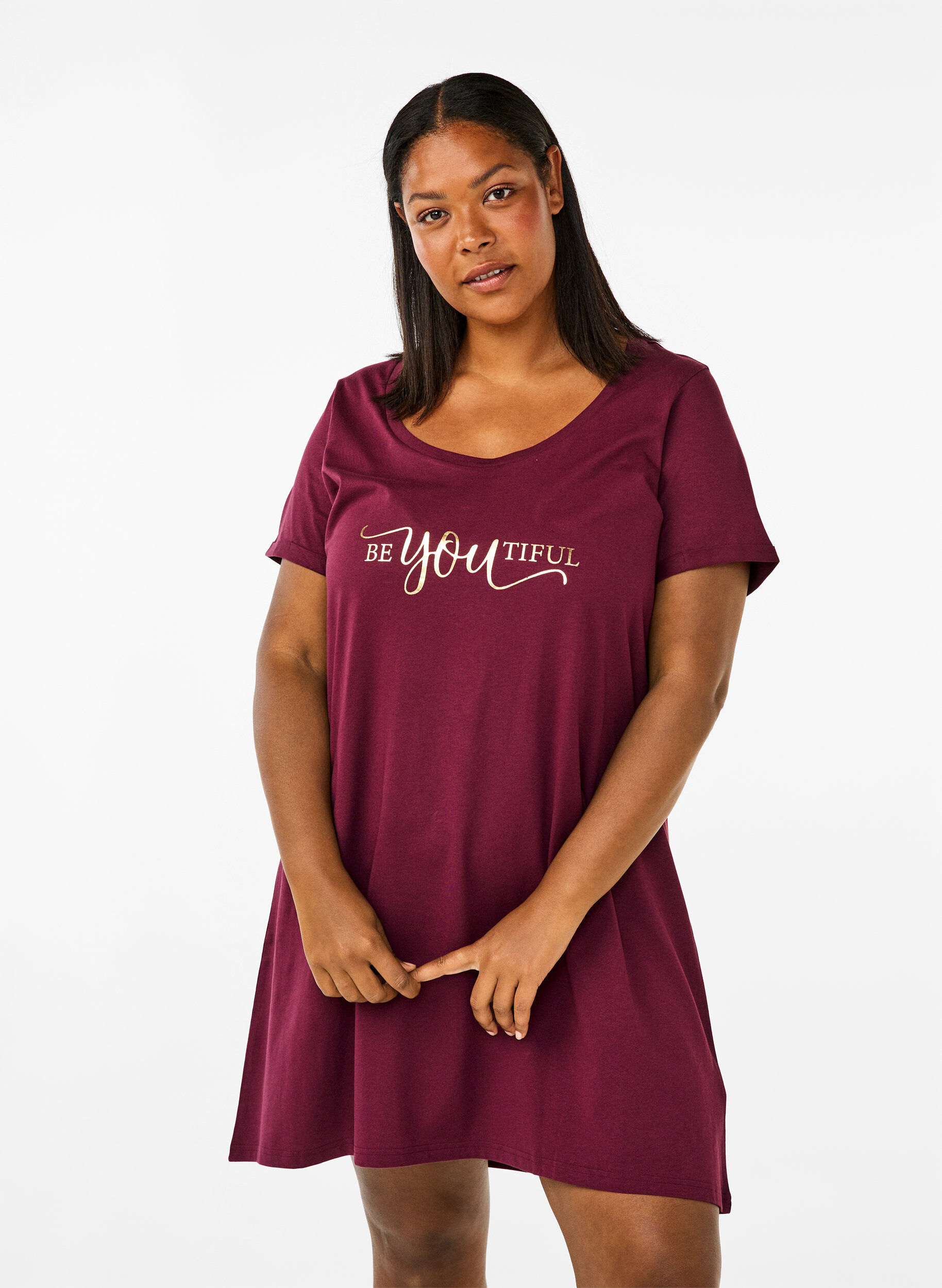 Zizzifashion Short-sleeved nightgown in organic cotton, Dark Bordeaux, Model image number 0