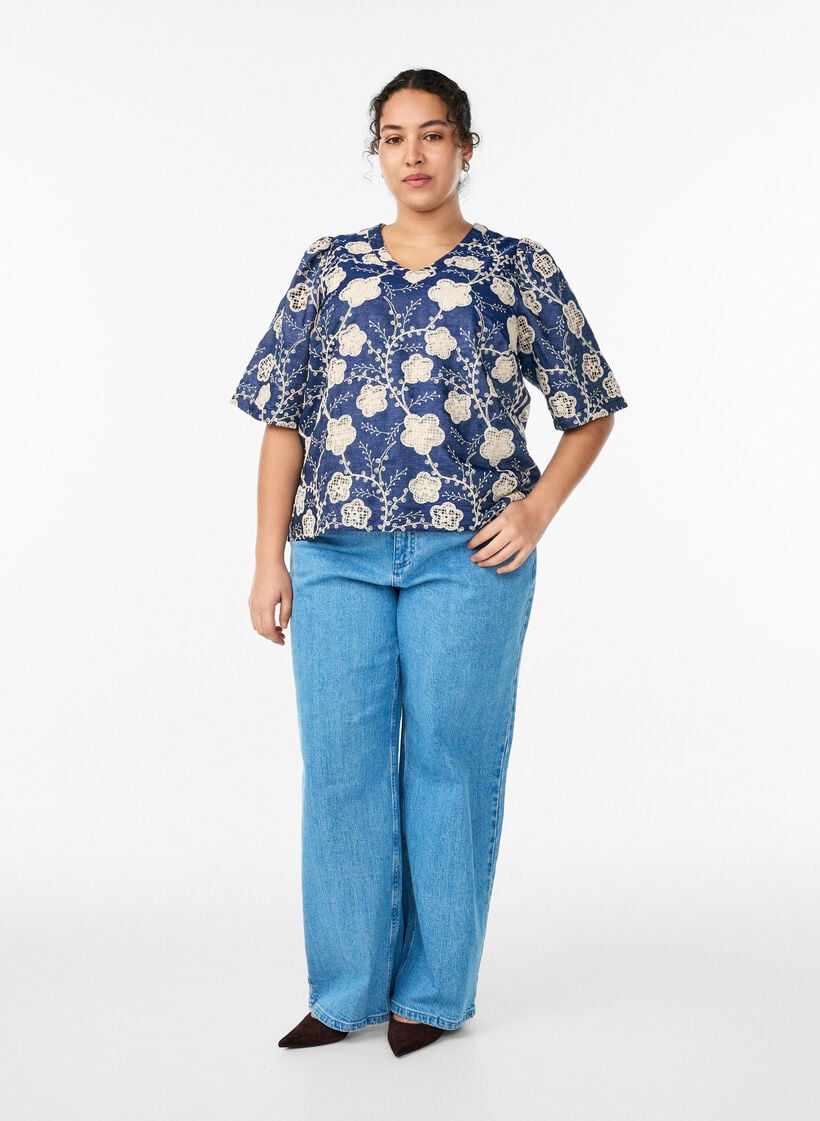 Blouse with V-neck and embroidered pattern, Blue, Model image number 1