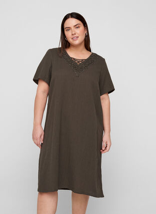 Short-sleeved cotton dress with embroidery, Khaki As Sample, Model image number 0