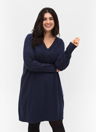 Knitted v-neck dress with long sleeves, Navy Blazer, Model image number 0