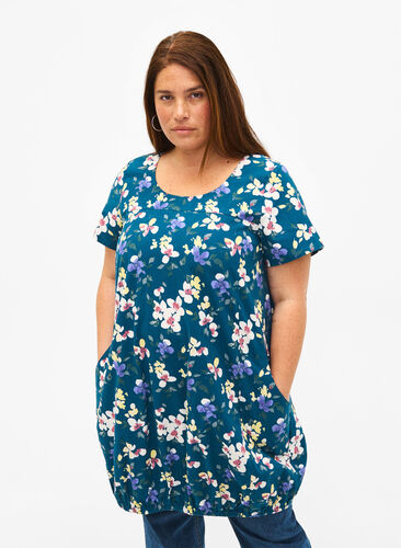 Short-sleeved, printed cotton dress, Legion Blue AOP, Model image number 0