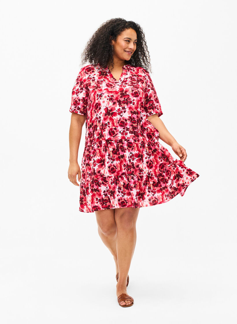 Cotton dress with floral print, Pink AOP Flower, Model image number 2