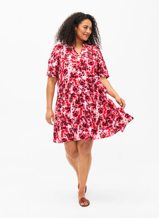 Cotton dress with heart print, Pink AOP Flower, Model image number 2