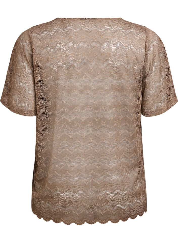 Lace blouse with short sleeves and scalloped hem, Brown, Packshot image number 1