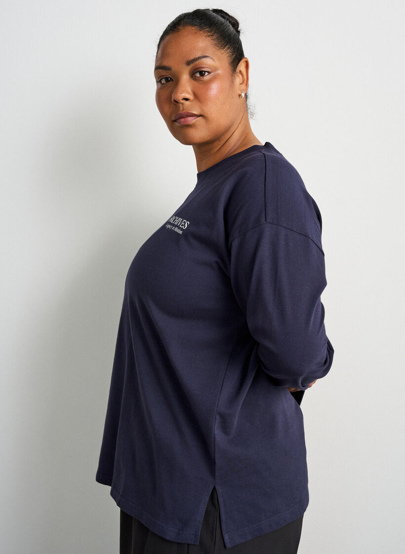 Long-sleeved jersey blouse with text print, Blue, Model image number 3