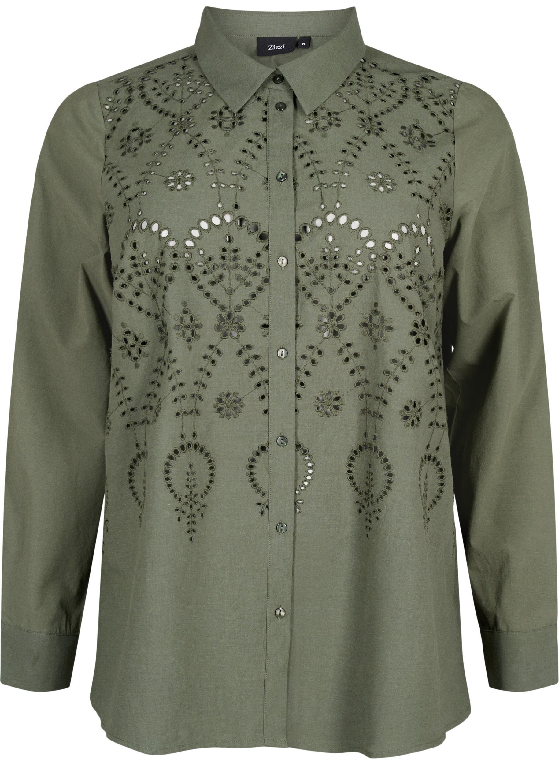 Zizzifashion Cotton shirt with broderie anglaise, Thyme, Packshot image number 0