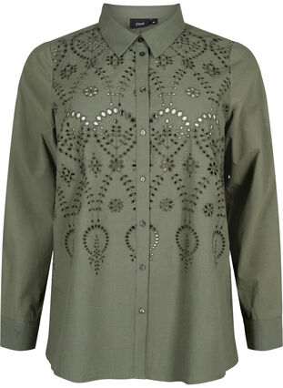 Cotton shirt with broderie anglaise, Thyme, Packshot image number 0