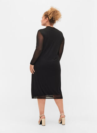 Long-sleeved midi dress in mesh, Black, Model image number 1