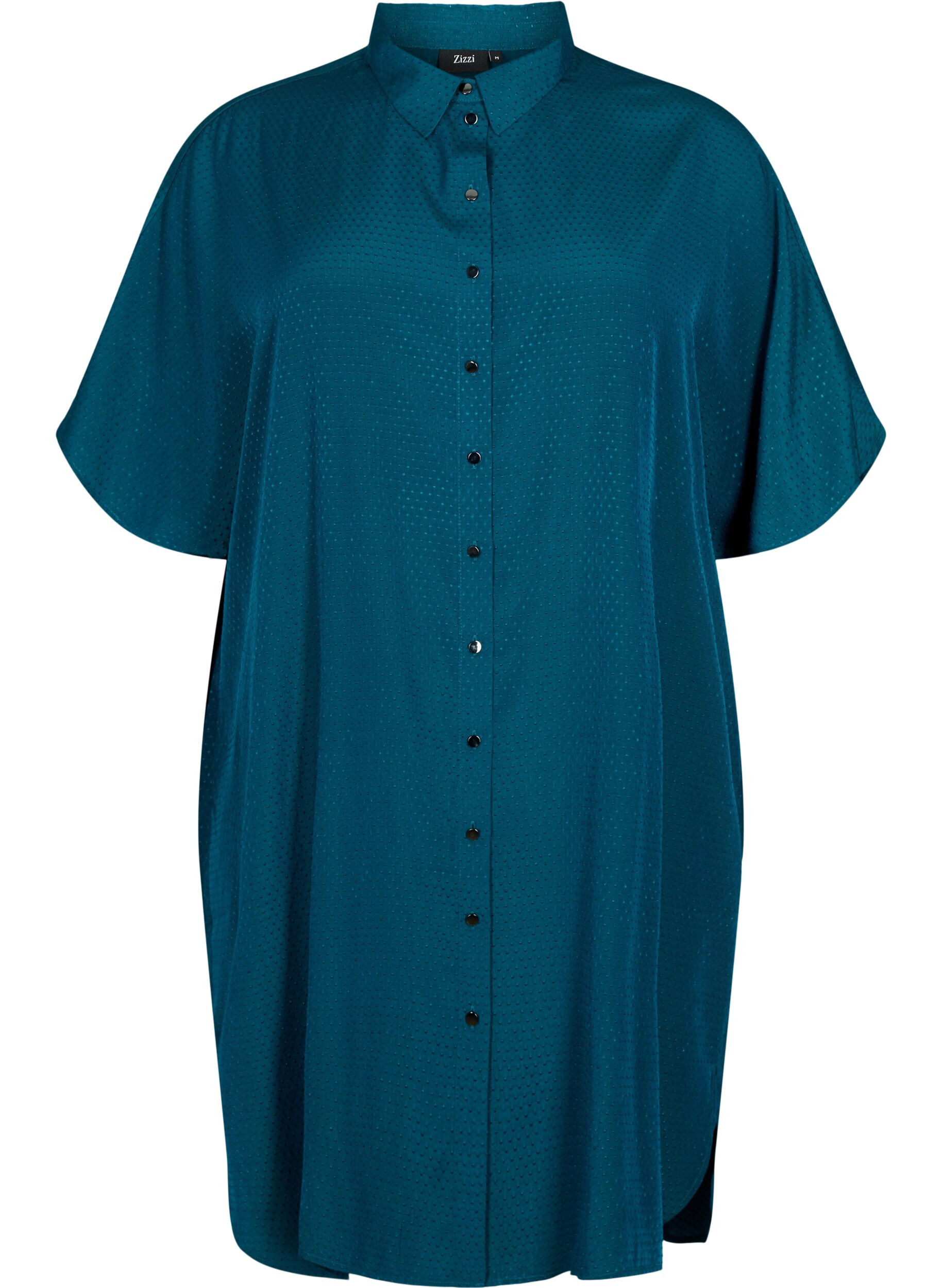 Zizzifashion Short-sleeved shirt dress with dotted structure, Deep Teal, Packshot image number 0