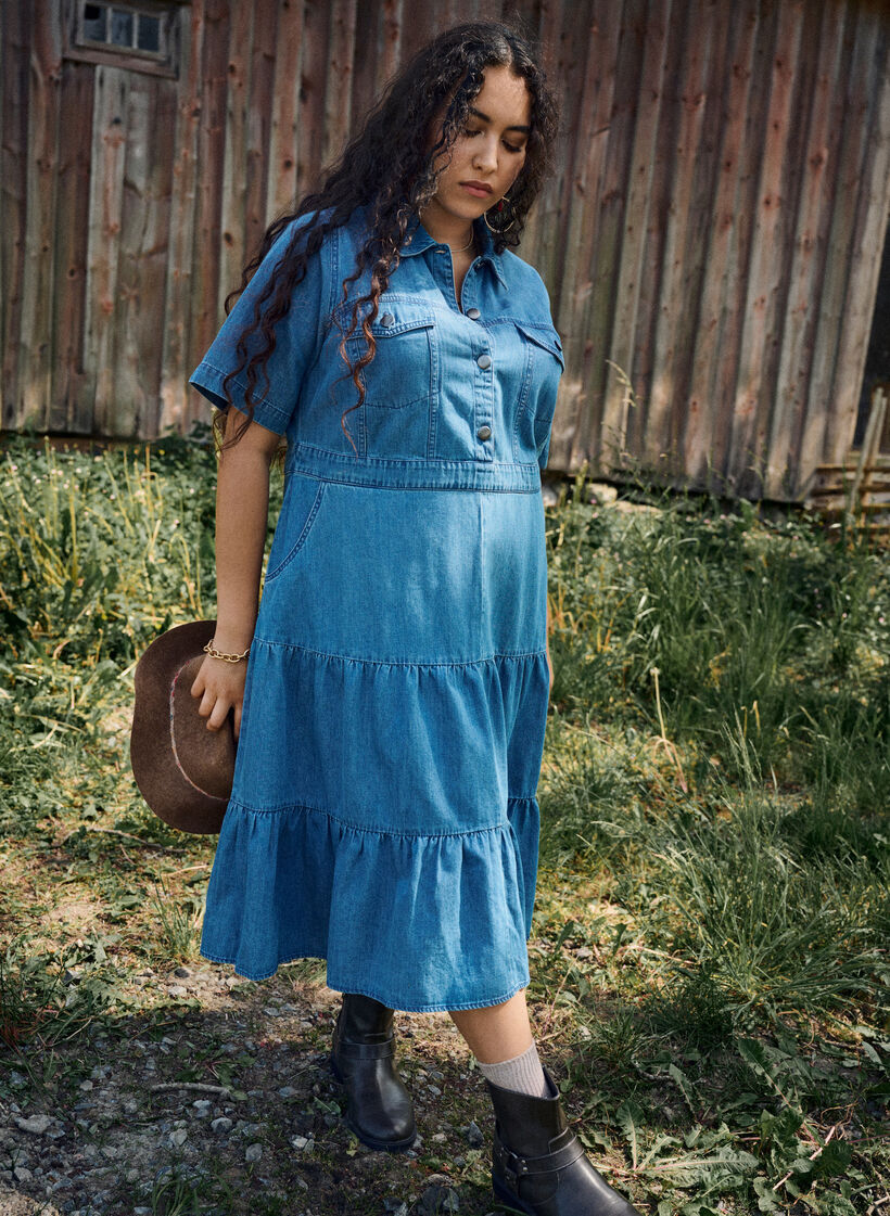 Midi denim dress with buttons and short sleeves, Blue, Image image number 0