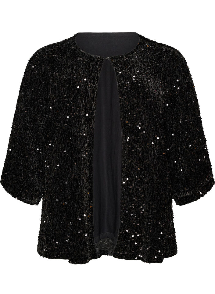 Cardigan with sequins and 3/4 sleeves, Black, Packshot image number 0