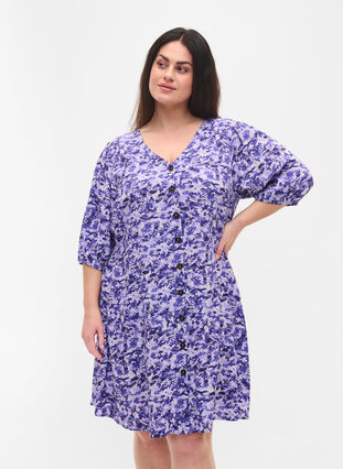 Dress with buttons and 3/4 sleeves, Purple AOP, Model image number 0