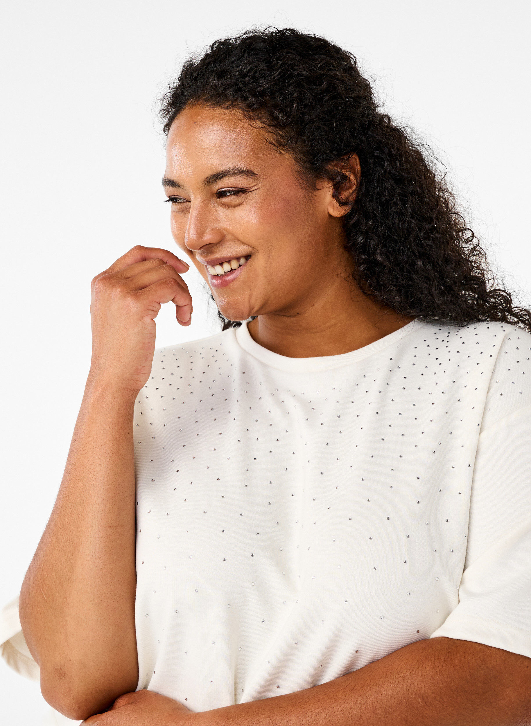 Zizzifashion T-shirt with rhinestones and round neck, White, Model image number 3