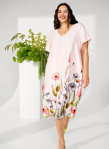 Floral print midi dress with short sleeves, White Sand, Image image number 0