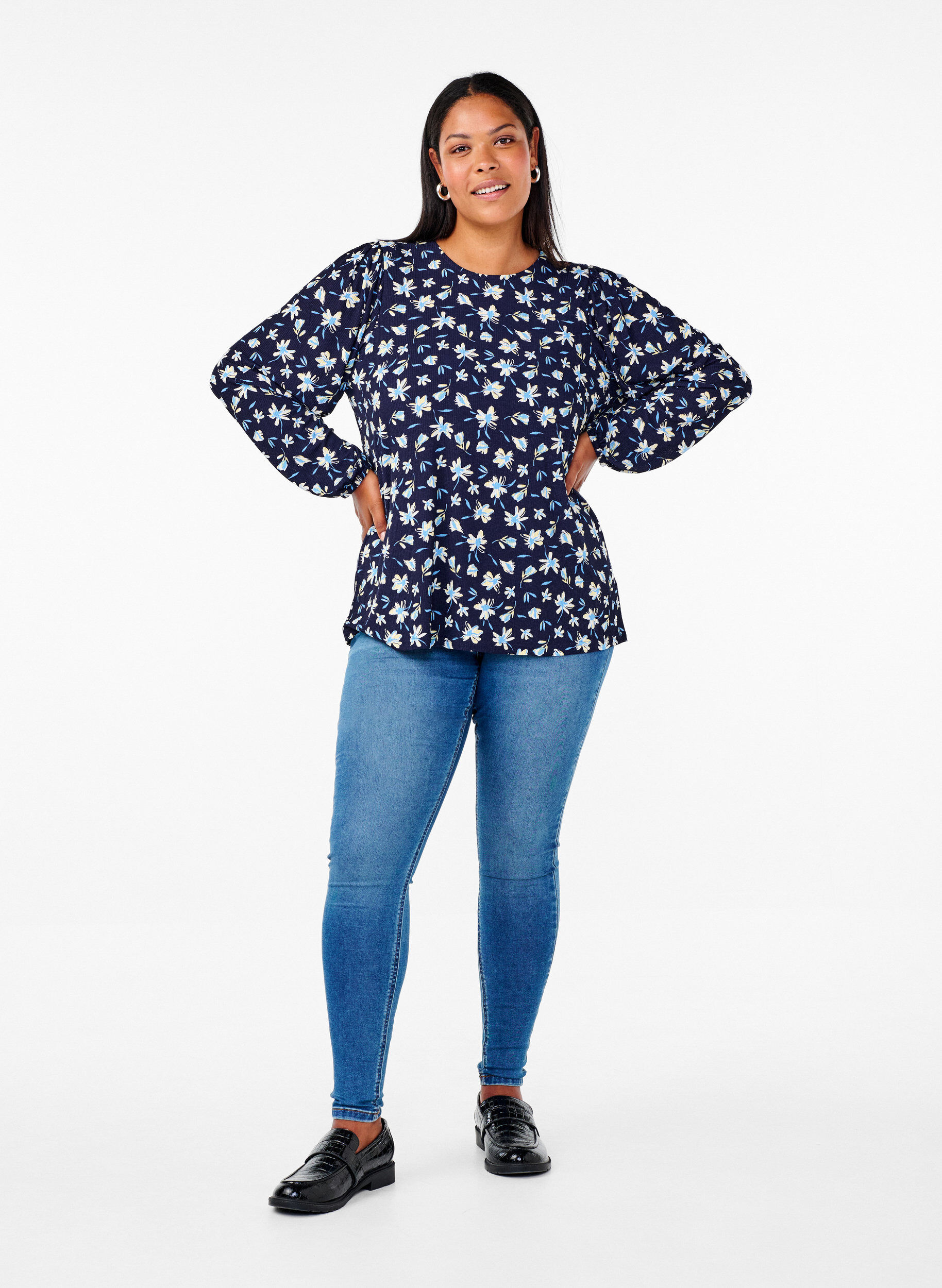 Zizzifashion Blouse with long sleeves and floral print, Blue, Model image number 1