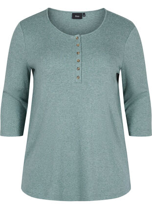 Plain blouse with buttons and 3/4 sleeves, Green Melange, Packshot image number 0