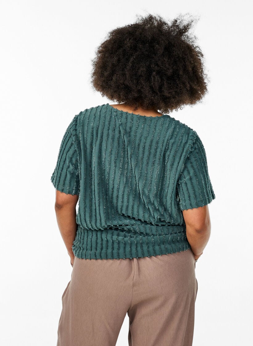 Blouse with short sleeves and striped texture, Green, Model image number 2