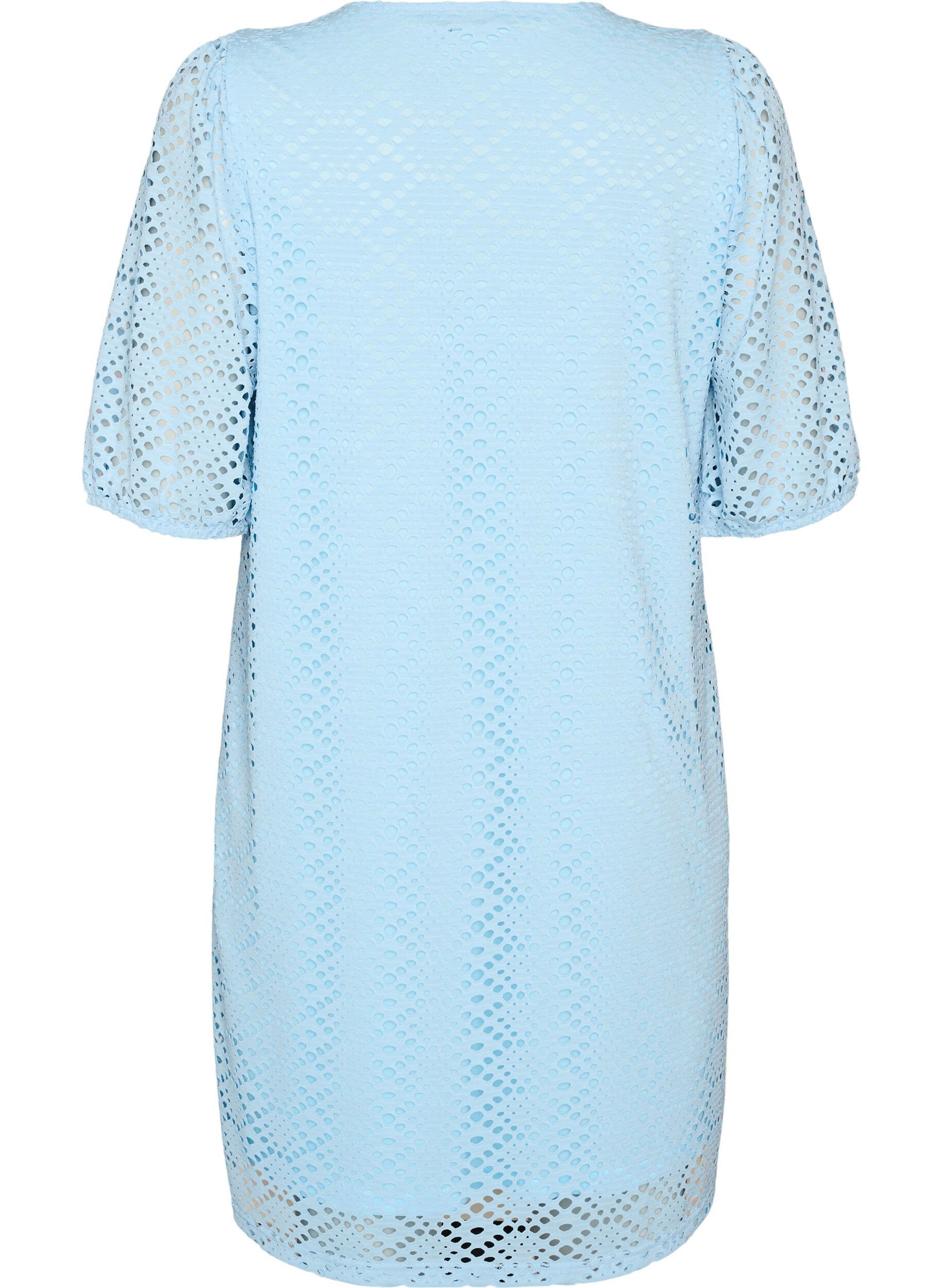 ZizzifashionKnee-length dress with eyelet pattern and short sleeves, Light Blue, Packshot image number 1